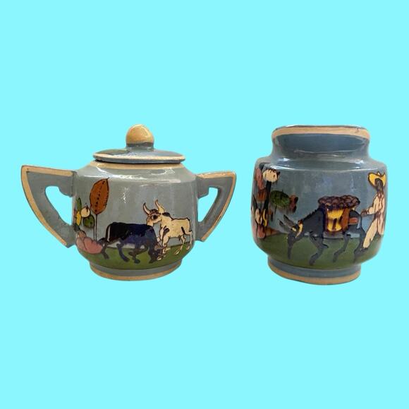 1940s Blue Tlaquepaque Mexican Folk Art Sugar & Creamer Hand Made And Decorated - Picture 10 of 12